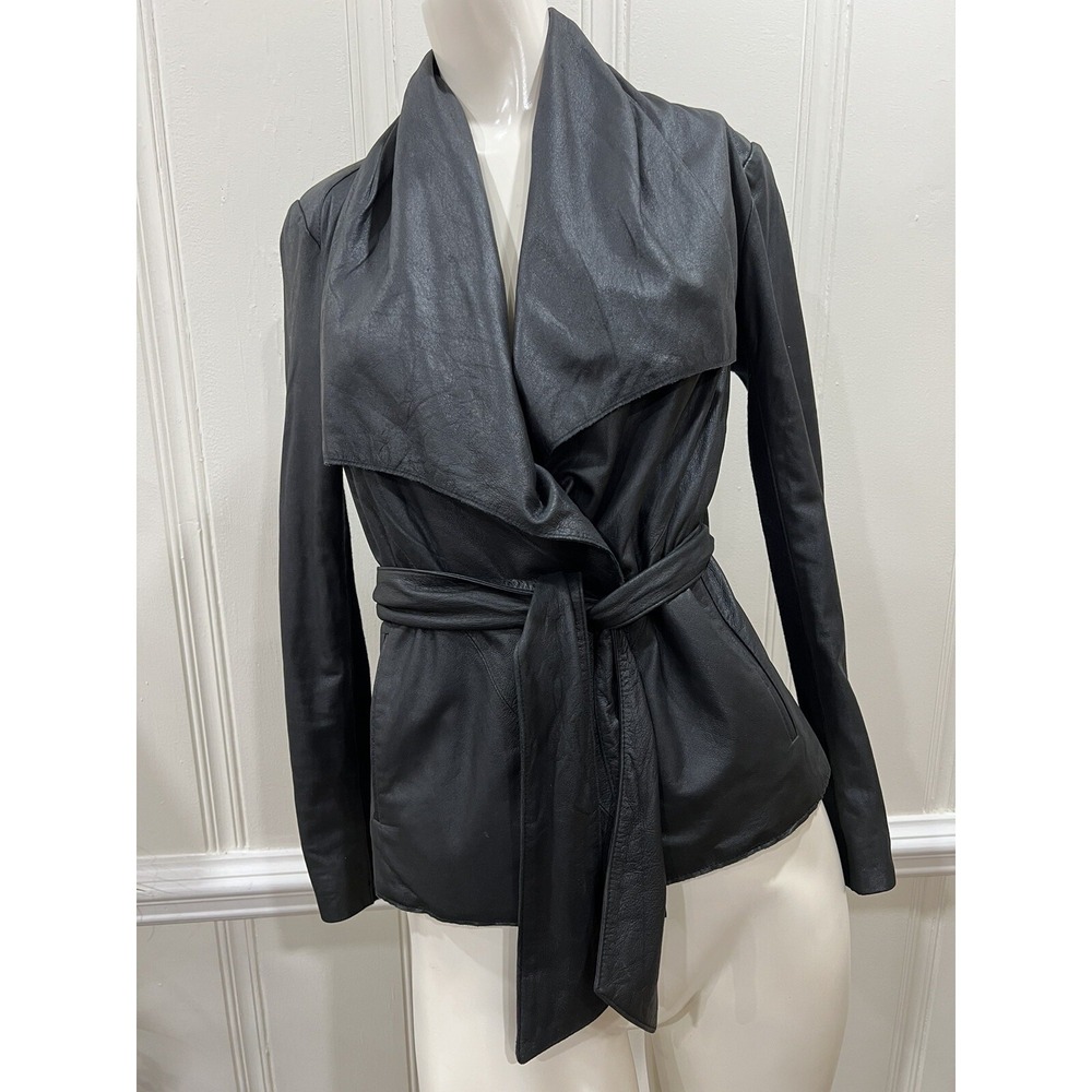Vince Women's Black Soft Leather Sweater Jacket Wrap Tie Waist Drape  XS